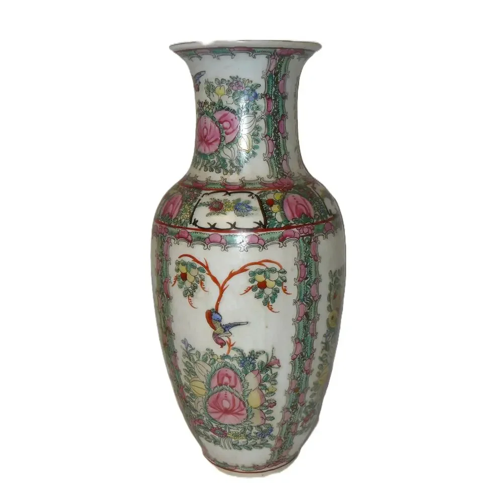 Vtg Chinese Porcelain Vase Hand-Painted Floral Bird 14
